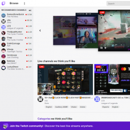 Screenshot Twitch.tv home page screen in July 25, 2022